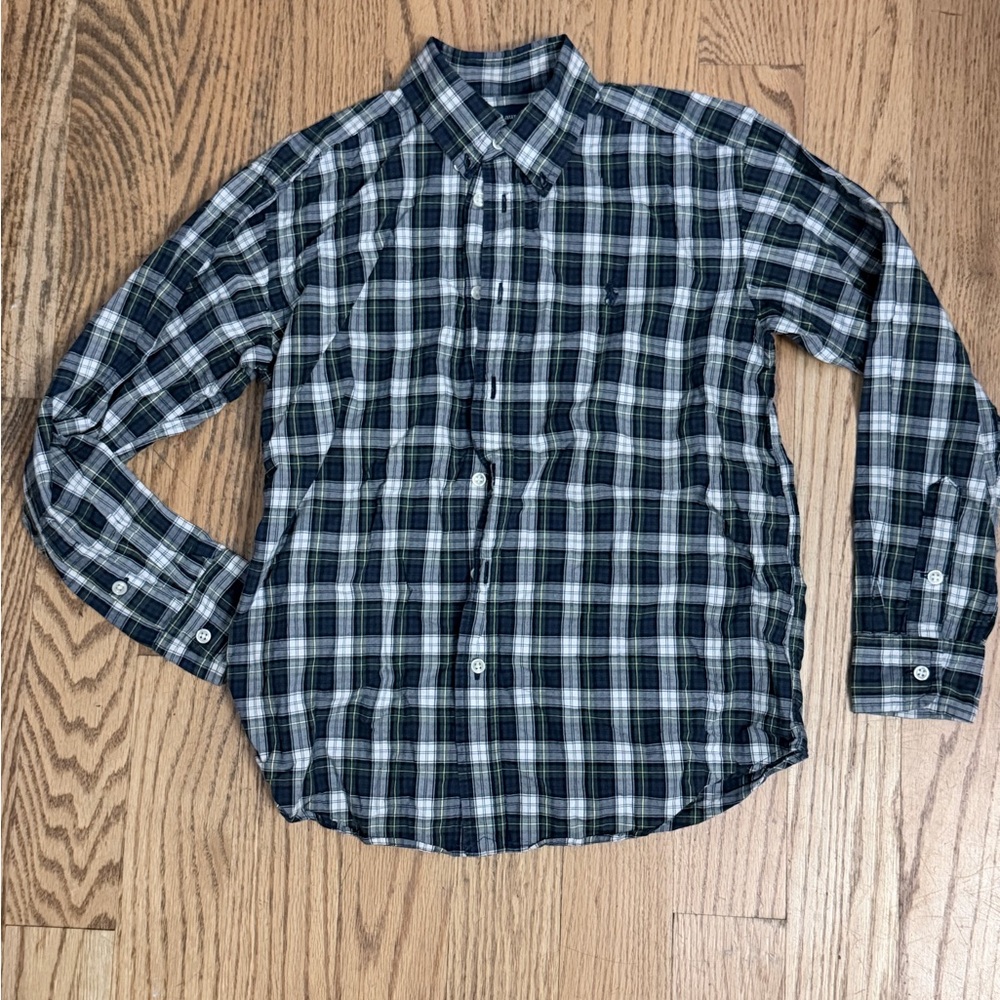 Ralph Lauren Shirt Boys M 12-14 Plaid Long Sleeve Button Down Green/Navy/Wht